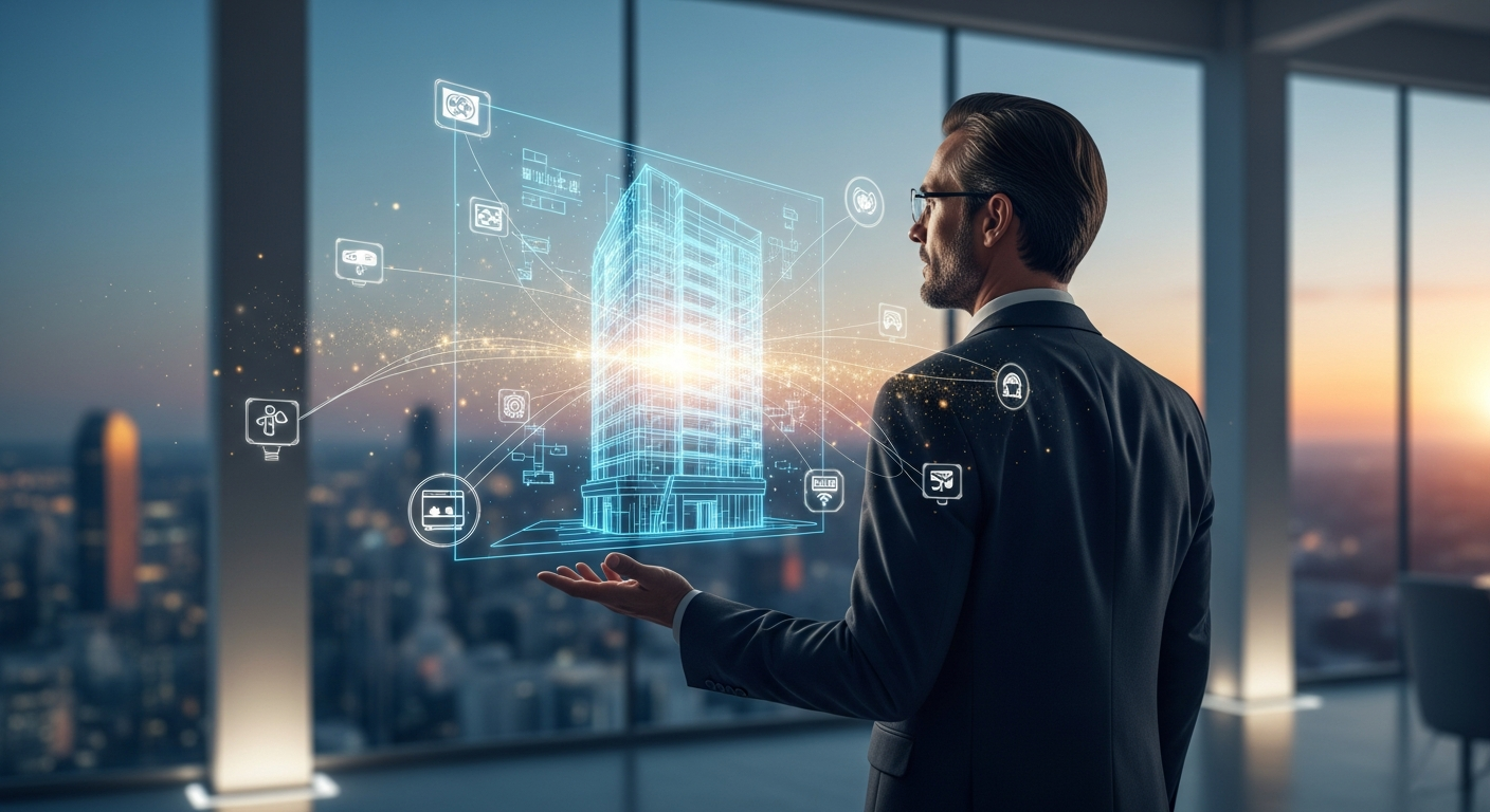 A visionary leader reviewing an IoT building management system hologram over a cityscape, symbolizing human-led technological innovation.